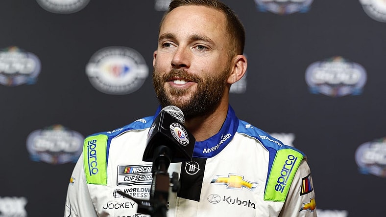 Feb 15, 2023; Daytona Beach, Florida, USA; NASCAR Cup Series driver Ross Chastain (1) speaks to the media at Daytona International Speedway. Mandatory Credit: Mike Dinovo-USA TODAY Sports