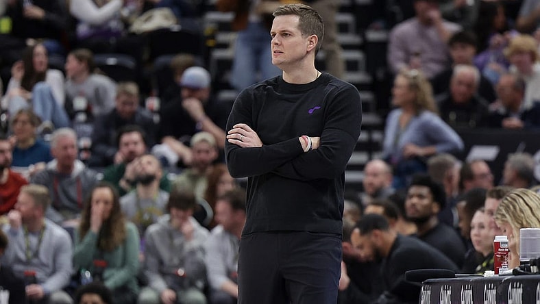 Feb 23, 2023; Salt Lake City, Utah, USA; Utah Jazz head coach Will Hardy walks the sidelines during the second half against the Oklahoma City Thunder at Vivint Arena. Mandatory Credit: Chris Nicoll-USA TODAY Sports