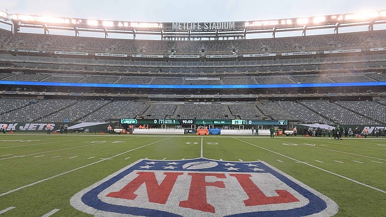 Nov 24, 2019; East Rutherford, NJ, USA; General overall view of the NFL shield logo at midfield at MetLife Stadium. The Jets defeated the Raiders 34-3.  Mandatory Credit: Kirby Lee-USA TODAY Sports