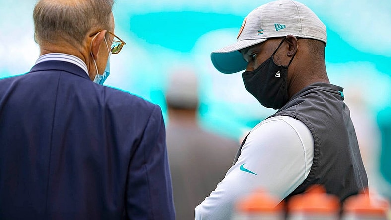 Miami Dolphins owner Stephen Ross talks with Miami Dolphins head coach Brian Flores at Hard Rock Stadium in Miami Gardens, October 18, 2020.

Dolphins Owner Stephen M Ross 06