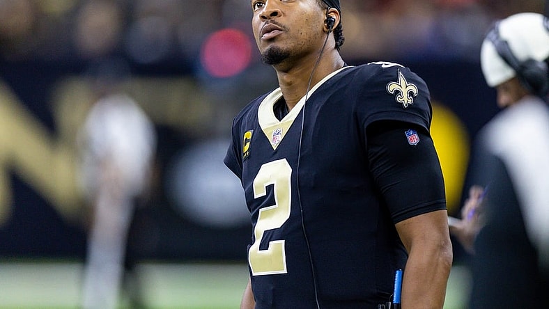 Dec 18, 2022; New Orleans, Louisiana, USA;  New Orleans Saints quarterback Jameis Winston (2) looks on against the Atlanta Falcons during the first half at Caesars Superdome. Mandatory Credit: Stephen Lew-USA TODAY Sports
