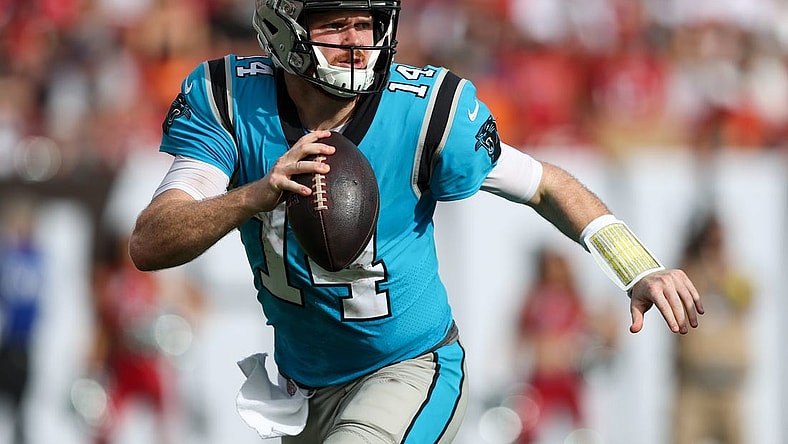 Jan 1, 2023; Tampa, Florida, USA;  Carolina Panthers quarterback Sam Darnold (14) looks to pass against the Tampa Bay Buccaneers in the third quarter at Raymond James Stadium. Mandatory Credit: Nathan Ray Seebeck-USA TODAY Sports