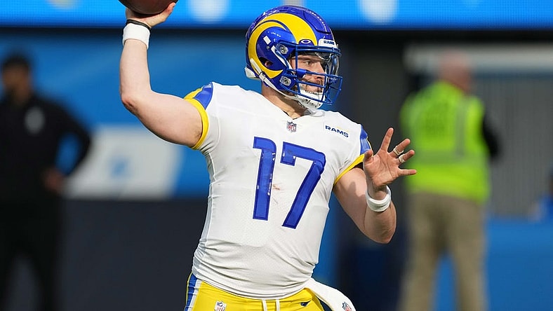 Jan 1, 2023; Inglewood, California, USA; Los Angeles Rams quarterback Baker Mayfield (17) throws the ball in the first half against the Los Angeles Chargers at SoFi Stadium. Mandatory Credit: Kirby Lee-USA TODAY Sports