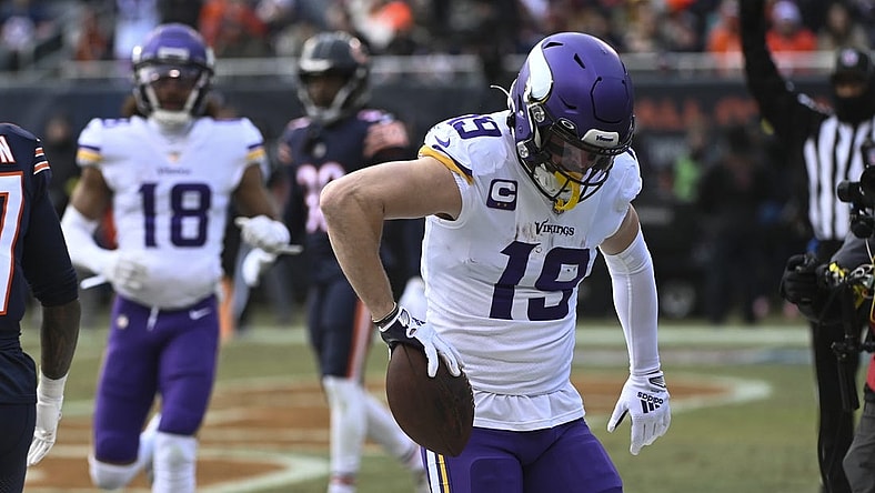 Jan 8, 2023; Chicago, Illinois, USA; Minnesota Vikings wide receiver Adam Thielen (19) celebrates his touchdown against the Chicago Bears during the first half at Soldier Field. Mandatory Credit: Matt Marton-USA TODAY Sports