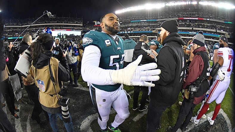 Jan 21, 2023; Philadelphia, Pennsylvania, USA; Philadelphia Eagles defensive end Brandon Graham (55) on the field after win against the New York Giants during an NFC divisional round game at Lincoln Financial Field. Mandatory Credit: Eric Hartline-USA TODAY Sports