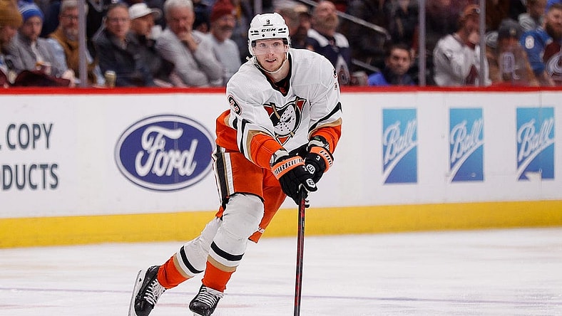 Jan 26, 2023; Denver, Colorado, USA; Anaheim Ducks defenseman John Klingberg (3) controls the puck in the third period against the Colorado Avalanche at Ball Arena. Mandatory Credit: Isaiah J. Downing-USA TODAY Sports