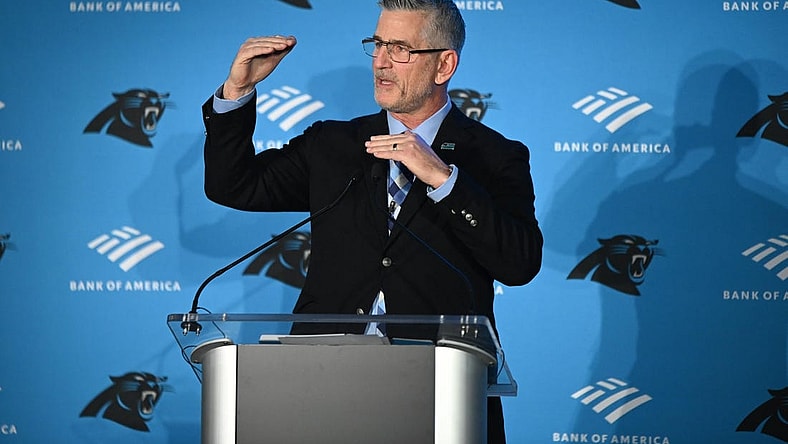 Jan 31, 2023; Charlotte, NC, USA; Carolina Panthers head coach Frank Reich speaks at his introductory press conference at Bank of America Stadium. Mandatory Credit: Griffin Zetterberg-USA TODAY Sports
