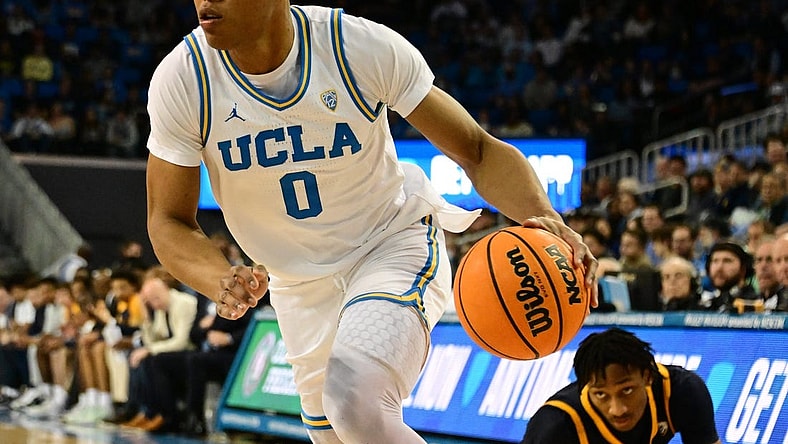 Feb 18, 2023; Los Angeles, California, USA; UCLA Bruins guard Jaylen Clark (0) dribbles the ball against the California Golden Bears in a college basketball game at Pauley Pavilion presented by Wescom. Mandatory Credit: Richard Mackson-USA TODAY Sports