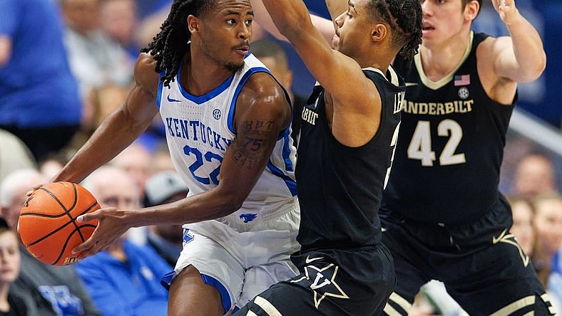 Mar 1, 2023; Lexington, Kentucky, USA; Kentucky Wildcats guard Cason Wallace (22) looks to pass the ball during the first half against the Vanderbilt Commodores at Rupp Arena at Central Bank Center. Mandatory Credit: Jordan Prather-USA TODAY Sports