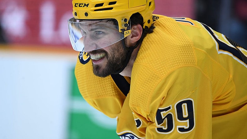 Mar 14, 2023; Nashville, Tennessee, USA; Nashville Predators defenseman Roman Josi (59) waits for a face off during the second period against the Detroit Red Wings at Bridgestone Arena. Mandatory Credit: Christopher Hanewinckel-USA TODAY Sports