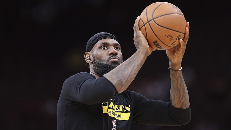 Mar 15, 2023; Houston, Texas, USA; Los Angeles Lakers forward LeBron James (6) shoots baskets before the game against the Houston Rockets at Toyota Center. Mandatory Credit: Troy Taormina-USA TODAY Sports