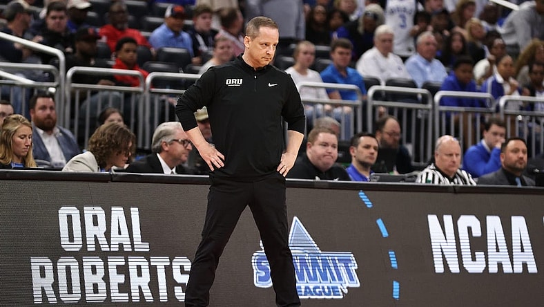 Mar 16, 2023; Orlando, FL, USA; Oral Roberts Golden Eagles head coach Paul Mills looks on during the first half against the Duke Blue Devils at Amway Center. Mandatory Credit: Matt Pendleton-USA TODAY Sports