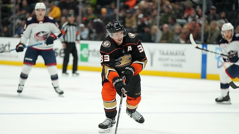 Mar 17, 2023; Anaheim, California, USA; Anaheim Ducks right wing Jakob Silfverberg (33) controls the puck against the Columbus Blue Jackets in the third period at Honda Center. Mandatory Credit: Kirby Lee-USA TODAY Sports