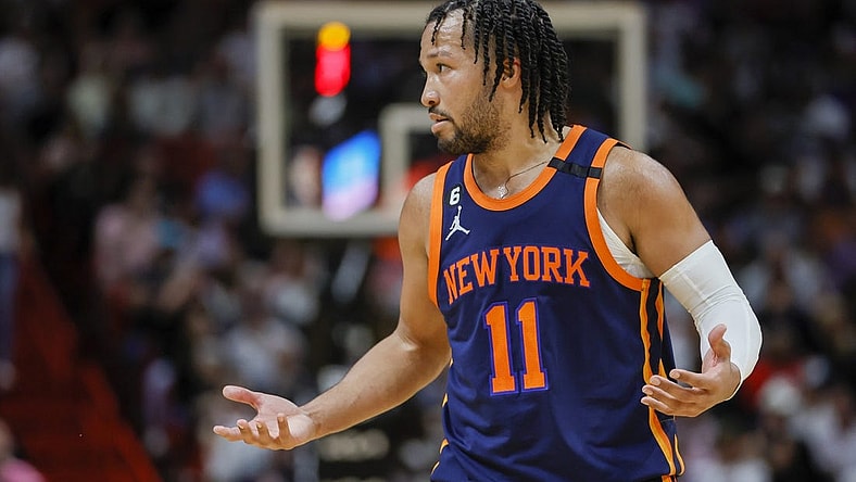 Mar 22, 2023; Miami, Florida, USA; New York Knicks guard Jalen Brunson (11) reacts during the third quarter against the Miami Heat at Miami-Dade Arena. Mandatory Credit: Sam Navarro-USA TODAY Sports