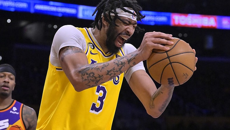 Mar 22, 2023; Los Angeles, California, USA;   Los Angeles Lakers forward Anthony Davis (3) reacts after he was called for a foul in the second half against the Phoenix Suns at Crypto.com Arena. Mandatory Credit: Jayne Kamin-Oncea-USA TODAY Sports