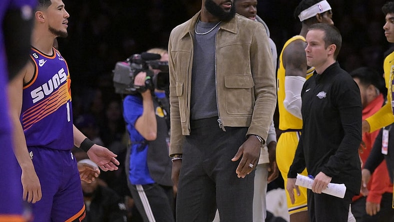 Mar 22, 2023; Los Angeles, California, USA;   Los Angeles Lakers forward LeBron James (6) looks on from the bench in the second half against the Phoenix Suns at Crypto.com Arena. Mandatory Credit: Jayne Kamin-Oncea-USA TODAY Sports