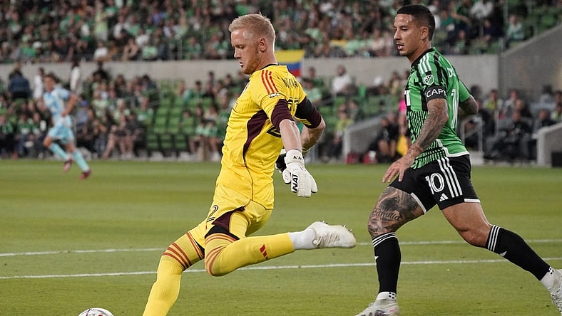 Mar 25, 2023; Austin, Texas, USA; Colorado Rapids goalkeeper William Yarbrough (22) and Austin FC forward Sebastian Driussi (10) in action during the first half at Q2 Stadium. Mandatory Credit: Scott Wachter-USA TODAY Sports