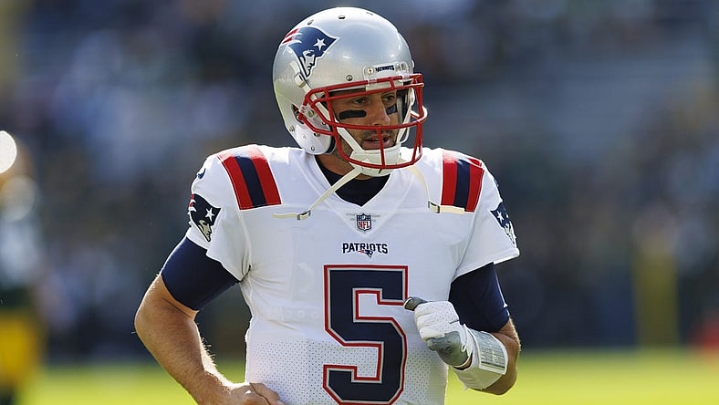 Oct 2, 2022; Green Bay, Wisconsin, USA; New England Patriots quarterback Brian Hoyer (5) during warmups prior to the game against the Green Bay Packers at Lambeau Field. Mandatory Credit: Jeff Hanisch-USA TODAY Sports