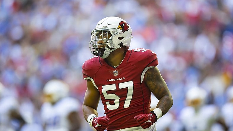 Nov 27, 2022; Glendale, Arizona, USA; Arizona Cardinals linebacker Kamu Grugier-Hill (57) against the Los Angeles Chargers at State Farm Stadium. Mandatory Credit: Mark J. Rebilas-USA TODAY Sports
