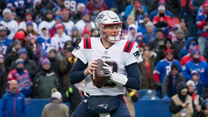 Jan 8, 2023; Orchard Park, New York, USA; New England Patriots quarterback Mac Jones (10) in the second quarter against the Buffalo Bills at Highmark Stadium. Mandatory Credit: Mark Konezny-USA TODAY Sports