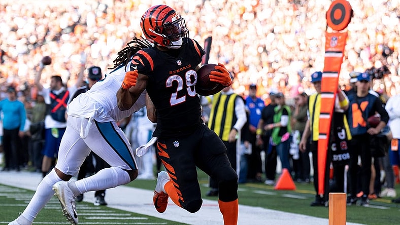 Cincinnati Bengals running back Joe Mixon (28) scores his fifth touchdown as Carolina Panthers linebacker Shaq Thompson (7) attempts to stop him in the third quarter during a Week 9 NFL game, Sunday, Nov. 6, 2022, at Paycor Stadium in Cincinnati. Cincinnati Bengals running back Joe Mixon (28) scored a franchise record five touchdowns in the game.
Nfl Carolina Panthers At Cincinnati Bengals