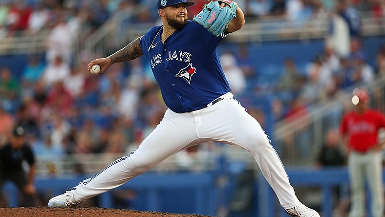 Mar 24, 2023; Dunedin, Florida, USA; Toronto Blue Jays starting pitcher Alek Manoah (6) throws a pitch against the Philadelphia Phillies in the sixth inning during spring training at TD Ballpark. Mandatory Credit: Nathan Ray Seebeck-USA TODAY Sports