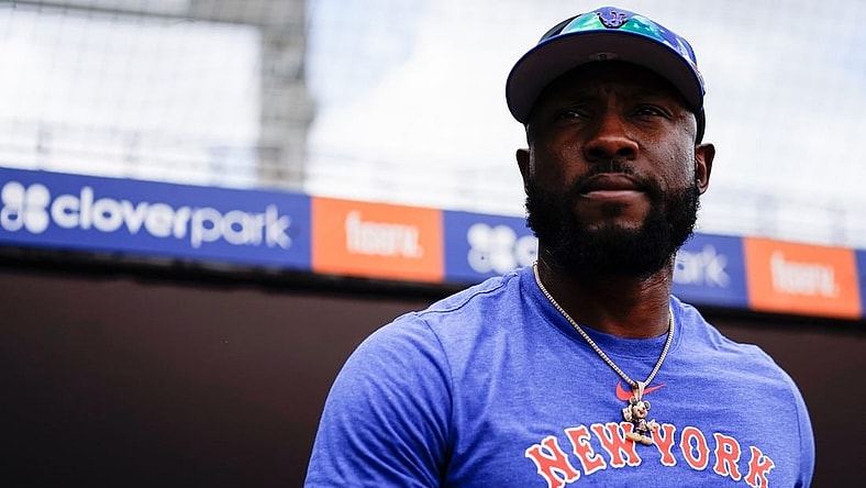 Mar 26, 2023; Port St. Lucie, Florida, USA; New York Mets right fielder Starling Marte (6) warms up prior to a game against the Miami Marlins at Clover Park. Mandatory Credit: Rich Storry-USA TODAY Sports
