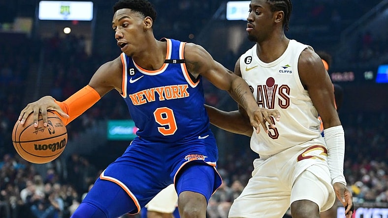 Mar 31, 2023; Cleveland, Ohio, USA; Cleveland Cavaliers guard Caris LeVert (3) defends against New York Knicks guard RJ Barrett (9) during the first half at Rocket Mortgage FieldHouse. Mandatory Credit: Ken Blaze-USA TODAY Sports
