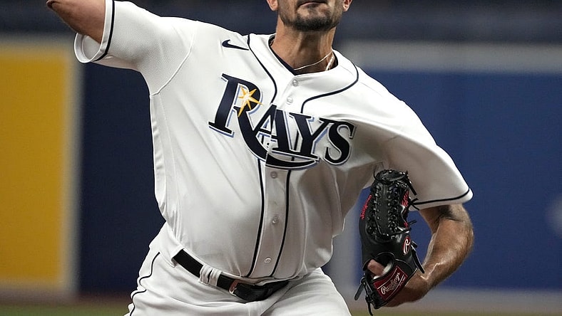 Apr 1, 2023; St. Petersburg, Florida, USA; Tampa Bay Rays starting pitcher Zach Eflin (24) throws a pitch against the Detroit Tigers during the first inning at Tropicana Field. Mandatory Credit: Dave Nelson-USA TODAY Sports