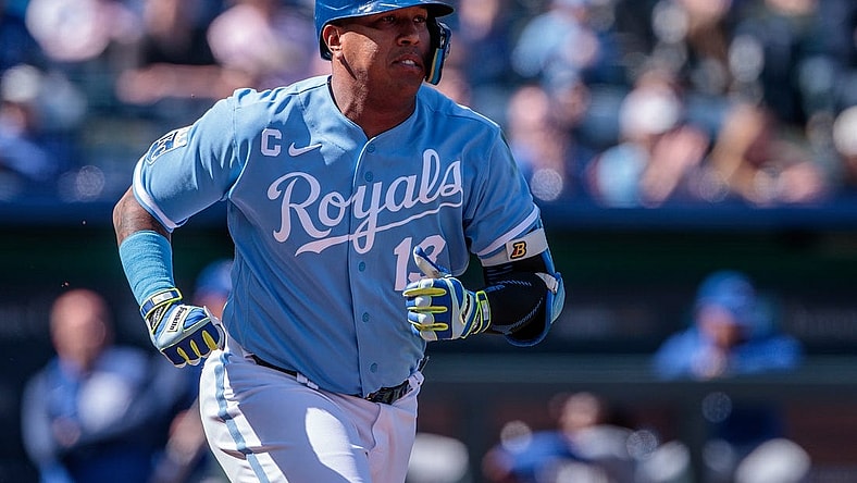 Apr 6, 2023; Kansas City, Missouri, USA; Kansas City Royals catcher Salvador Perez (13) heads to first base after a hit during the eighth inning against the Toronto Blue Jays at Kauffman Stadium. Mandatory Credit: William Purnell-USA TODAY Sports