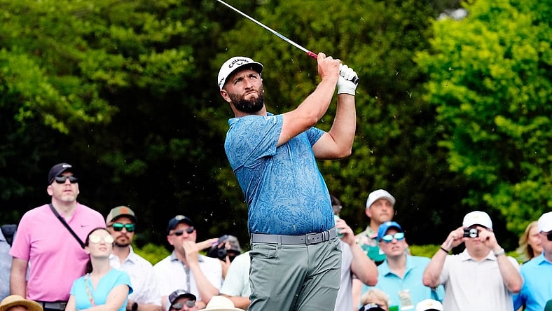 Jon Rahm tees off on no. 3 during the Par 3 Contest at The Masters golf tournament at the Augusta National Golf Club in Augusta, Ga., on April 5, 2023.
Pga Par 3 Contest