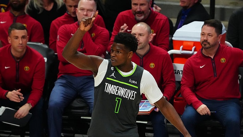 Apr 25, 2023; Denver, Colorado, USA; Minnesota Timberwolves guard Anthony Edwards (1) reacts in the second half against the Denver Nuggets in game five of the 2023 NBA Playoffs at Ball Arena. Mandatory Credit: Ron Chenoy-USA TODAY Sports