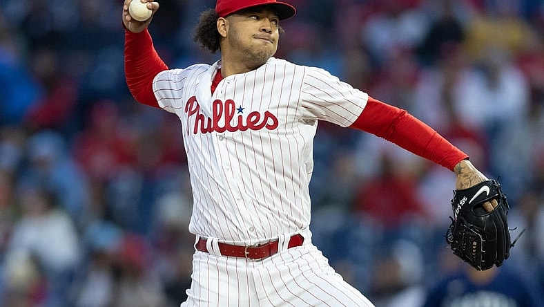 Apr 26, 2023; Philadelphia, Pennsylvania, USA; Philadelphia Phillies starting pitcher Taijuan Walker (99) throws a pitch during the second inning against the Seattle Mariners at Citizens Bank Park. Mandatory Credit: Bill Streicher-USA TODAY Sports