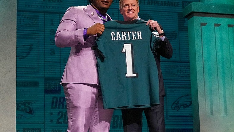 Apr 27, 2023; Kansas City, MO, USA; Georgia defensive lineman Jalen Carter with NFL commissioner Roger Goodell after being selected by the Philadelphia Eagles ninth overall in the first round of the 2023 NFL Draft at Union Station. Mandatory Credit: Kirby Lee-USA TODAY Sports