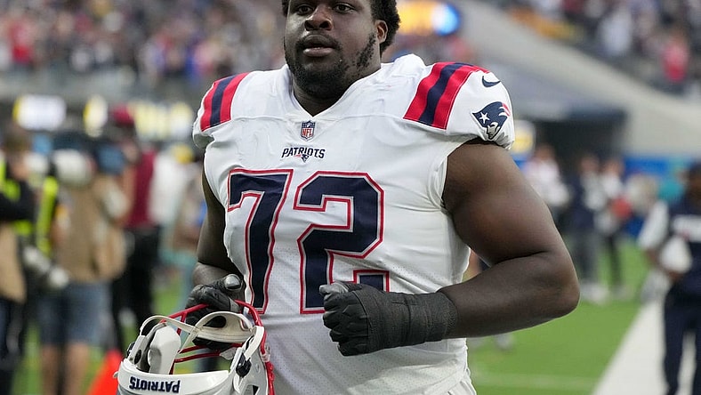 Oct 31, 2021; Inglewood, California, USA; New England Patriots offensive tackle Yodny Cajuste (72) reacts after the game against the Los Angeles Chargers at SoFi Stadium. The Patriots defeated the Chargers 27-24. Mandatory Credit: Kirby Lee-USA TODAY Sports