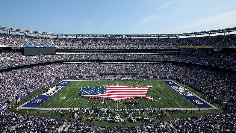 Sep 18, 2022; East Rutherford, New Jersey, USA; General view of the national anthem before a game between the New York Giants and the Carolina Panthers at MetLife Stadium. Mandatory Credit: Brad Penner-USA TODAY Sports