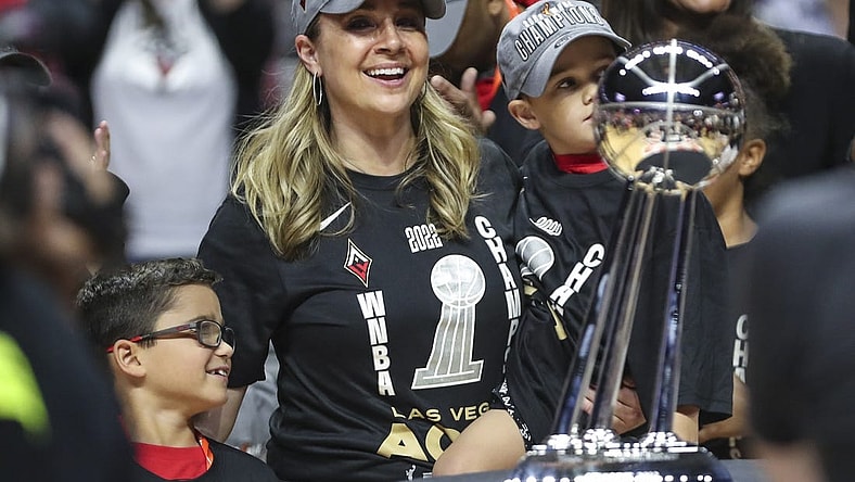 Sep 18, 2022; Uncasville, Connecticut, USA; Las Vegas Aces head coach Becky Hammon celebrates after winning the WNBA Championship in game four of the 2022 WNBA Finals against the Connecticut Sun at Mohegan Sun Arena. Mandatory Credit: Wendell Cruz-USA TODAY Sports