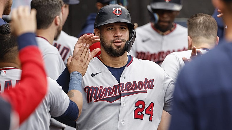 Oct 5, 2022; Chicago, Illinois, USA; Minnesota Twins catcher Gary Sanchez (24) celebrates with teammates after scoring against the Chicago White Sox during the second inning at Guaranteed Rate Field. Mandatory Credit: Kamil Krzaczynski-USA TODAY Sports