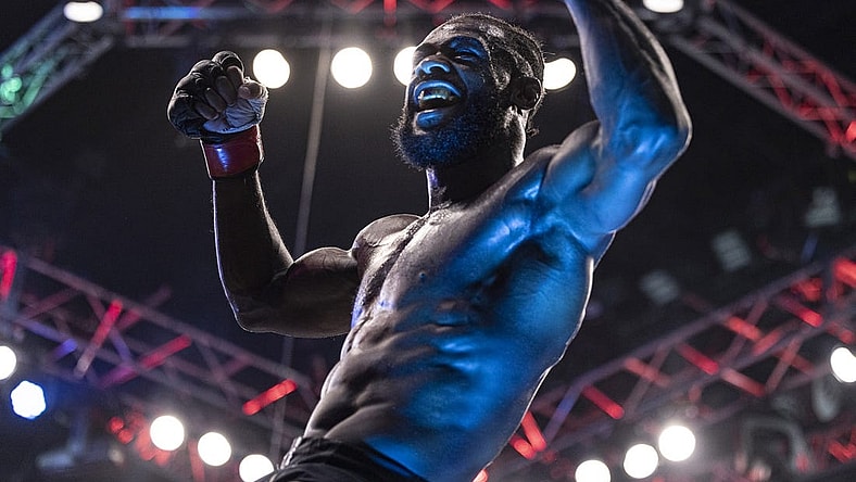Oct 22, 2022; Abu Dhabi, UAE; Aljamain Sterling (red gloves) celebrates after defeating T.J. Dillashaw (blue gloves) during UFC 280 at Etihad Arena. Mandatory Credit: Craig Kidwell-USA TODAY Sports