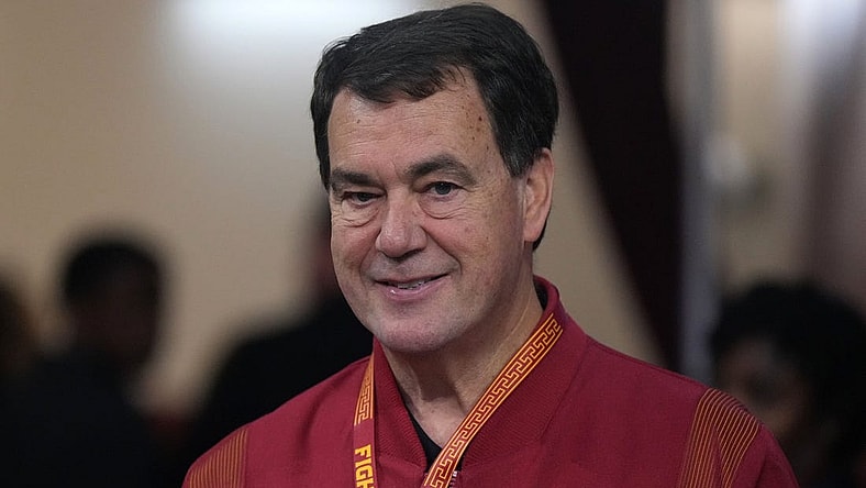 January 14, 2023; Los Angeles, California, USA; Southern California Trojans athletic director Mike Bohn reacts in the second half against the Utah Utes at Galen Center. Mandatory Credit: Kirby Lee-USA TODAY Sports