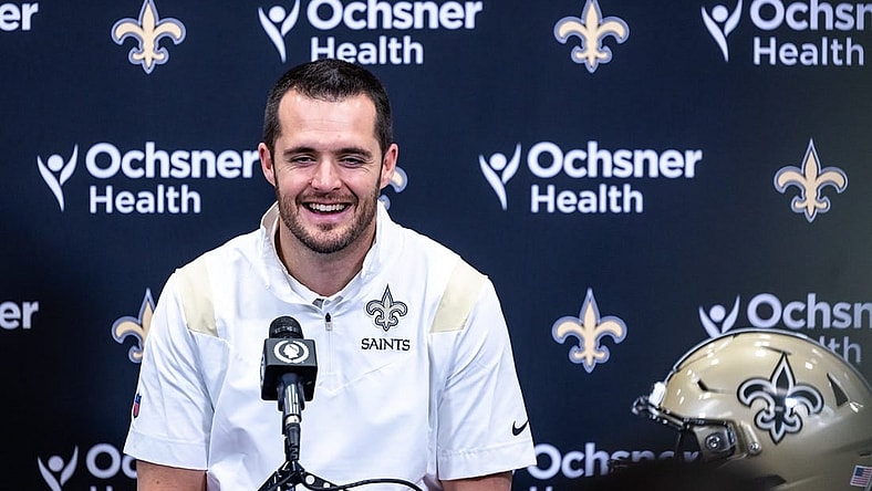 Mar 11, 2023; Metairie, LA, USA;   New Orleans Saints quarterback Derek Carr (4) speaks at Ochsner Sports Performance Center. Mandatory Credit: Stephen Lew-USA TODAY Sports