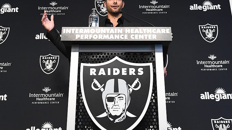 Mar 17, 2023; Henderson, NV, USA; New Las Vegas Raiders quarterback Jimmy Garoppolo speaks to the media at Intermountain Healthcare Performance Center. Mandatory Credit: Candice Ward-USA TODAY Sports