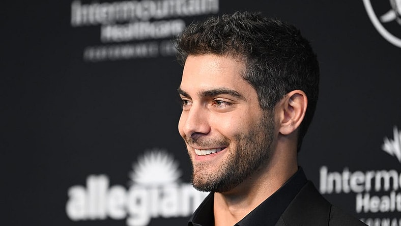 Mar 17, 2023; Henderson, NV, USA; New Las Vegas Raiders quarterback Jimmy Garoppolo speaks to the media at Intermountain Healthcare Performance Center. Mandatory Credit: Candice Ward-USA TODAY Sports