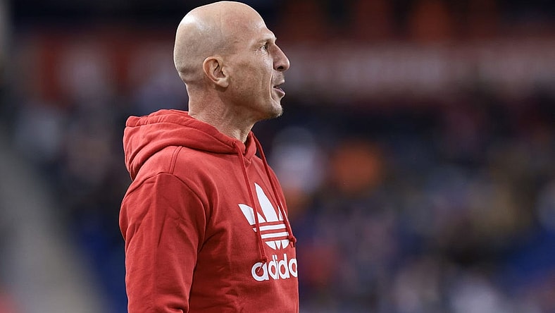 Mar 18, 2023; Harrison, New Jersey, USA; New York Red Bulls manager Gerhard Struber looks on during the first half against the Columbus Crew at Red Bull Arena. Mandatory Credit: Vincent Carchietta-USA TODAY Sports