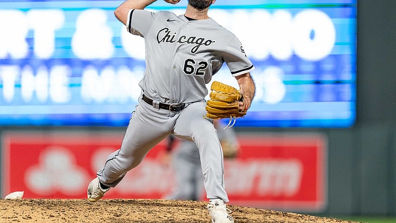 Apr 11, 2023; Minneapolis, Minnesota, USA; Chicago White Sox starting pitcher Jesse Scholtens (62) pitches to Minnesota Twins center fielder Michael A. Taylor (2) at Target Field. Mandatory Credit: Matt Blewett-USA TODAY Sports
