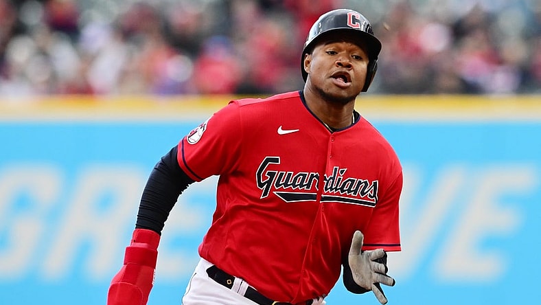 Apr 23, 2023; Cleveland, Ohio, USA; Cleveland Guardians right fielder Oscar Gonzalez (39) advances to third during the third inning against the Miami Marlins at Progressive Field. Mandatory Credit: Ken Blaze-USA TODAY Sports