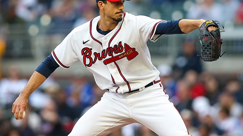 Apr 25, 2023; Atlanta, Georgia, USA; Atlanta Braves starting pitcher Charlie Morton (50) throws against the Miami Marlins in first inning at Truist Park. Mandatory Credit: Brett Davis-USA TODAY Sports