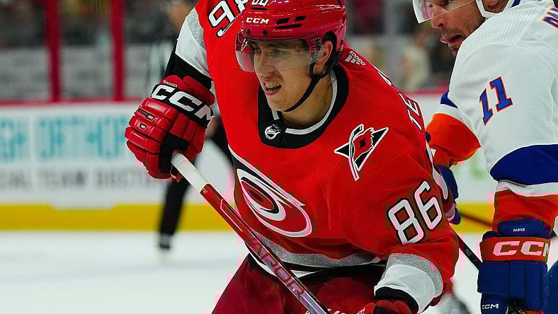 Apr 19, 2023; Raleigh, North Carolina, USA; Carolina Hurricanes left wing Teuvo Teravainen (86) skates against the New York Islanders during the third period in game two of the first round of the 2023 Stanley Cup Playoffs at PNC Arena. Mandatory Credit: James Guillory-USA TODAY Sports
