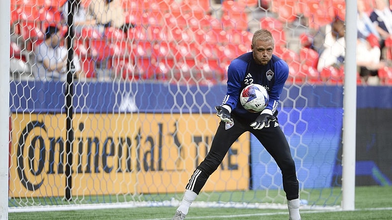 Apr 29, 2023; Vancouver, British Columbia, CAN;  Colorado Rapids goalkeeper William Yarbrough (22) warms up prior the the match against the Vancouver Whitecaps FC at BC Place. Mandatory Credit: Anne-Marie Sorvin-USA TODAY Sports