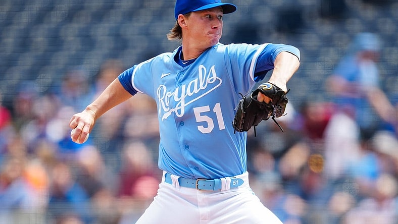 Apr 19, 2023; Kansas City, Missouri, USA; Kansas City Royals starting pitcher Brady Singer (51) pitches during the second inning against the Texas Rangers at Kauffman Stadium. Mandatory Credit: Jay Biggerstaff-USA TODAY Sports